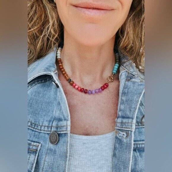 Chunky Beaded Choker waterproof Gold Charm Clasp Colorful Gemstone Necklace CUTE - Picture 12 of 12